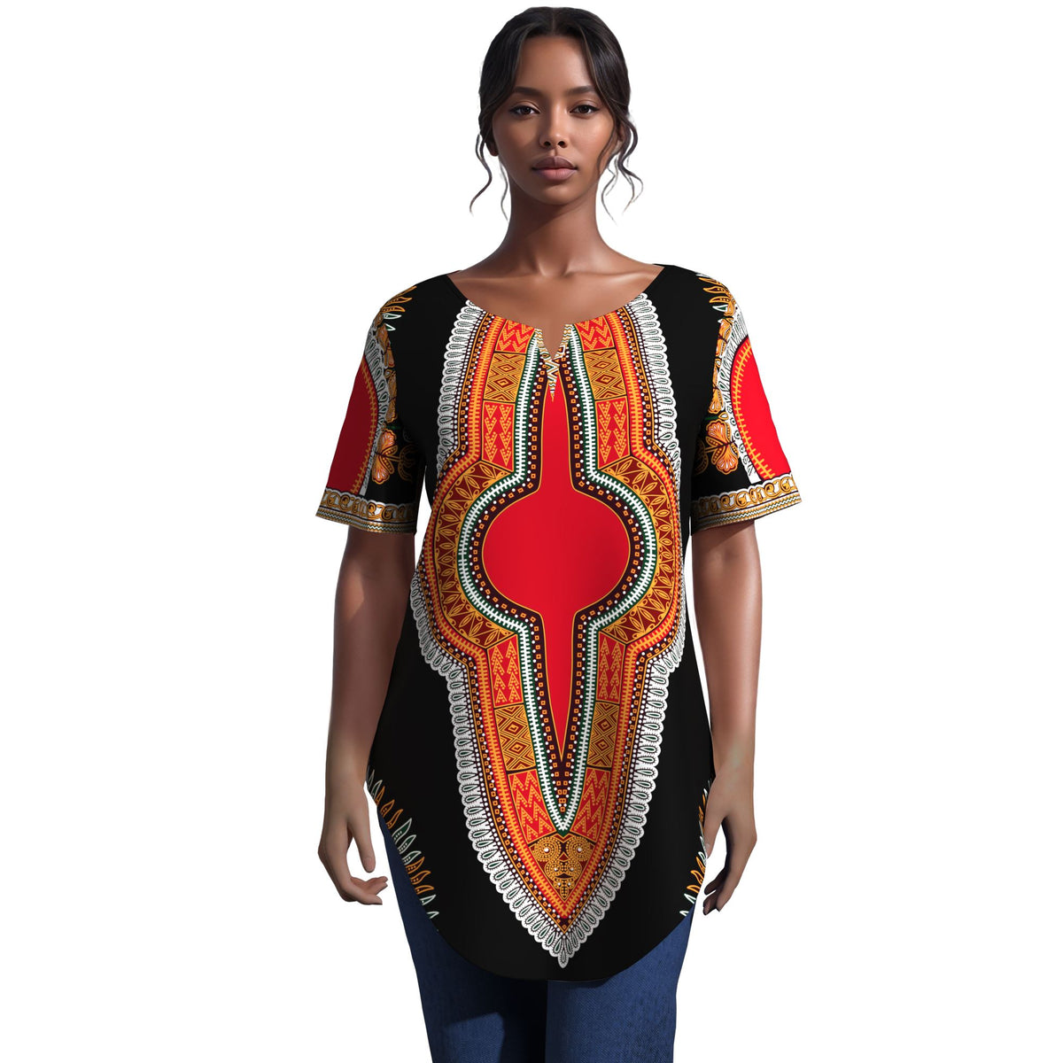 African JAVA Print Dashiki Tunic Top, Women Short Sleeve V‑Neck Curved Hem Loose Blouse WY10632
