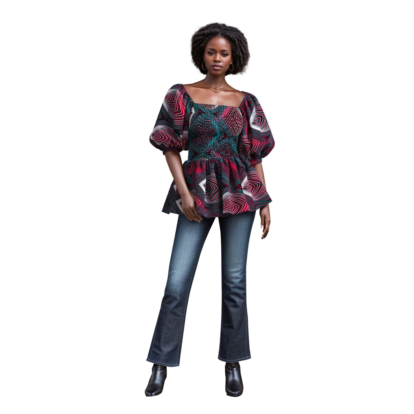 Tropical Wave African Print Puff Sleeve Peplum Blouse – Bold Colorful Ankara Top