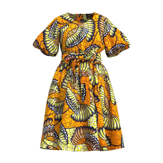 African Print Smocked Waist A-Line Midi Dress with Belt