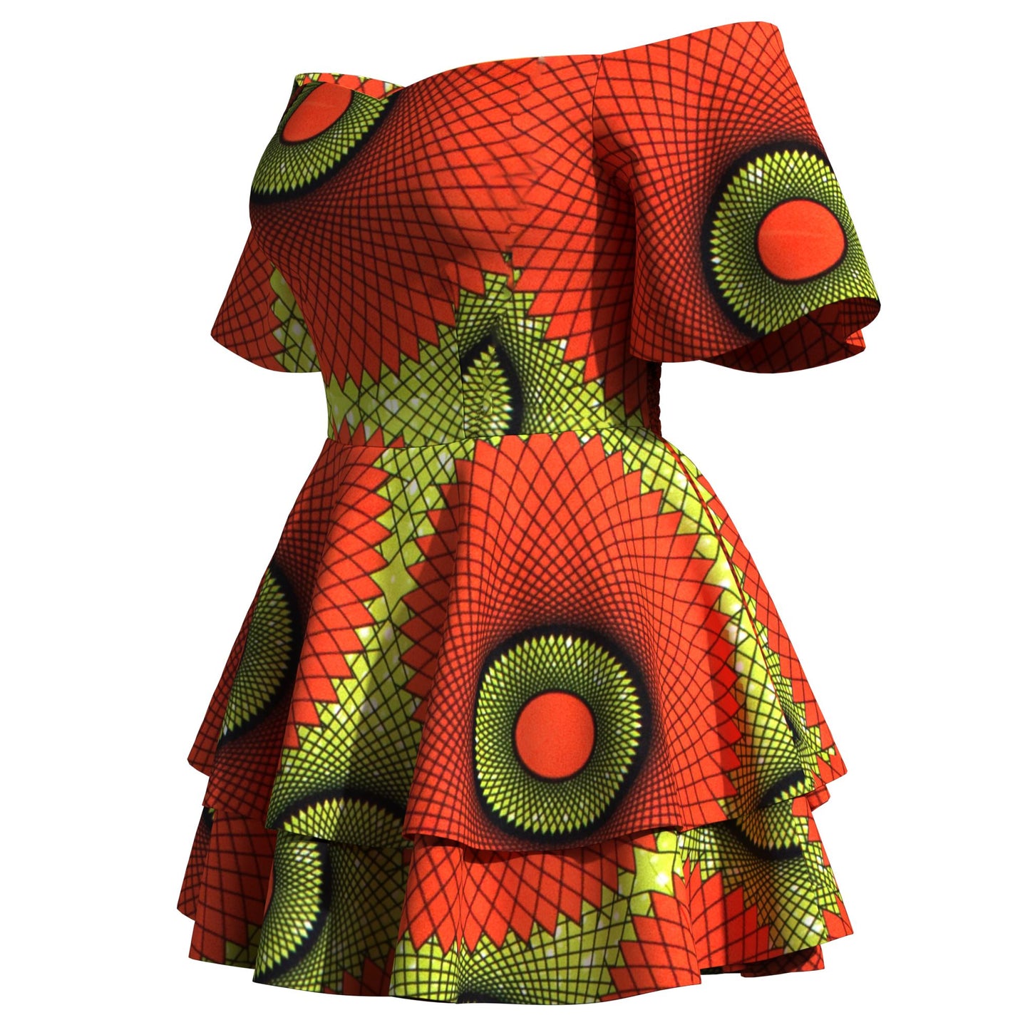 African Print Flowy Off-Shoulder Tiered Mini Dress for Women
