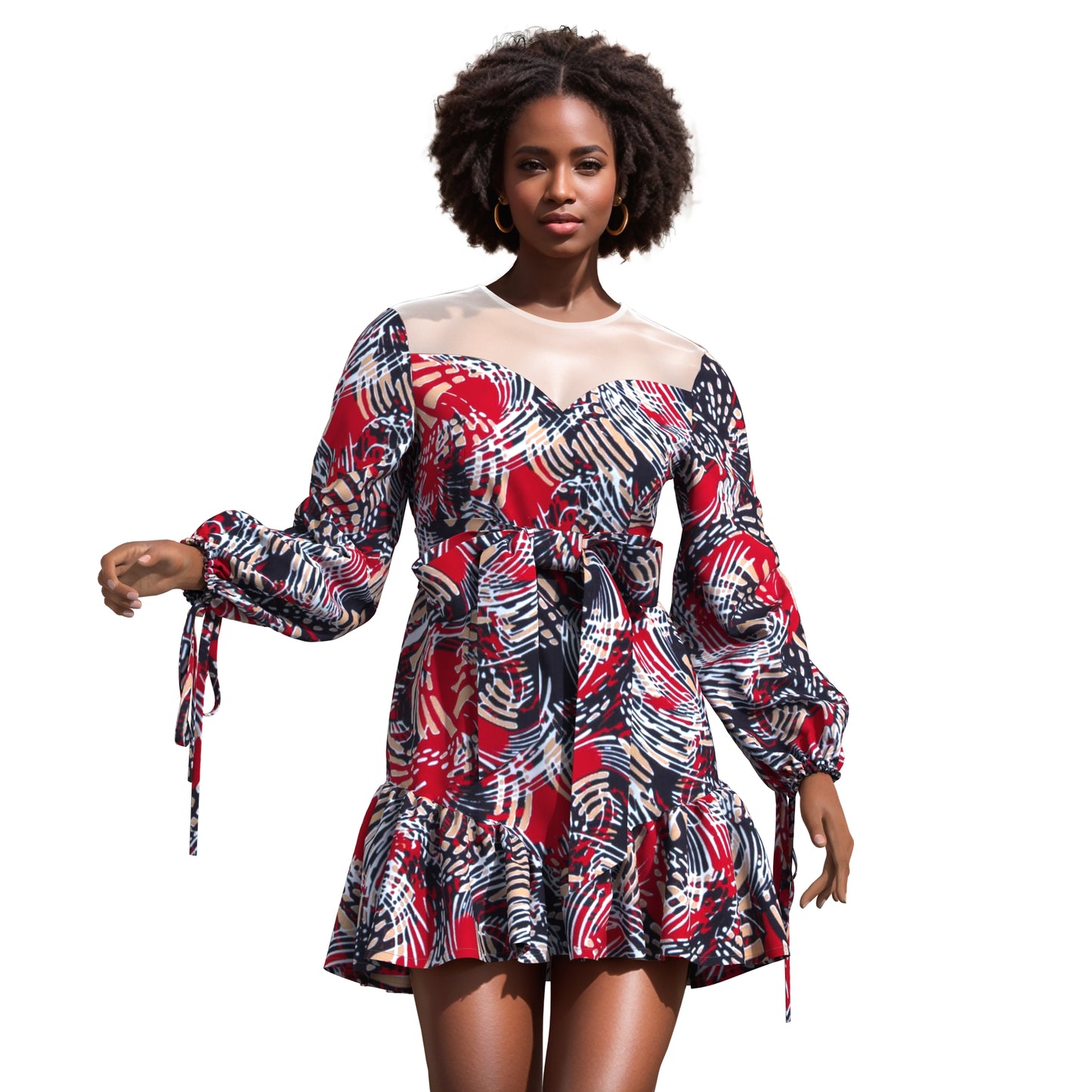 Sheer Mesh Neck African Print Belted Mini Dress