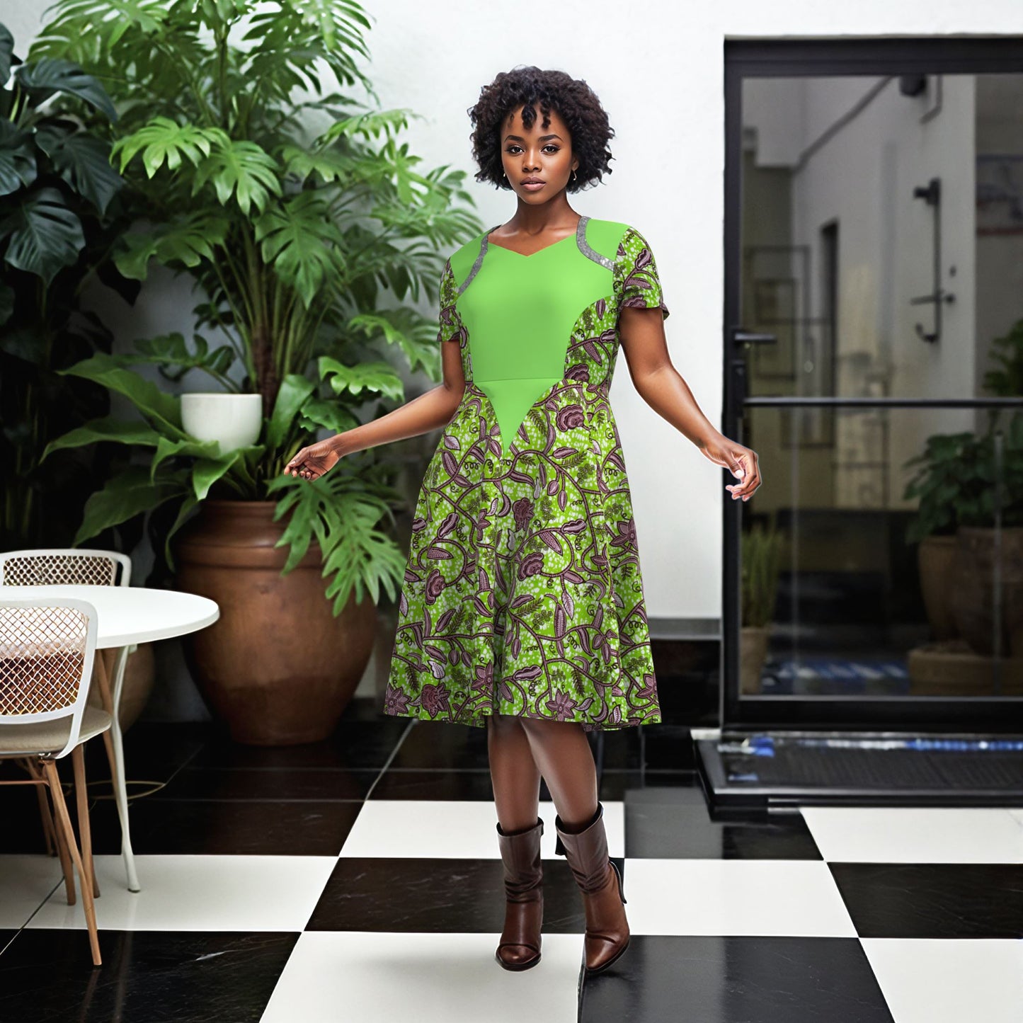 Women's African Ankara Print V-Neck Midi Dress | High-End Patchwork Party Dress