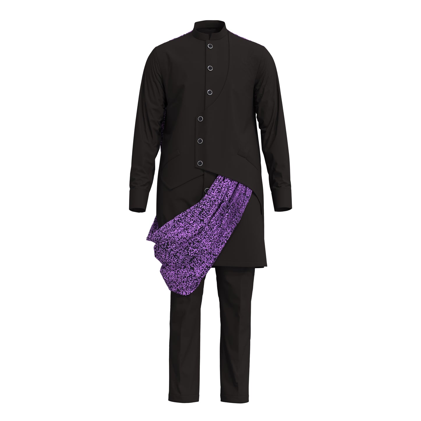 Stylish Men Matching Trousers Outfit, Suit Fabric Top with African Printed Drape Detail