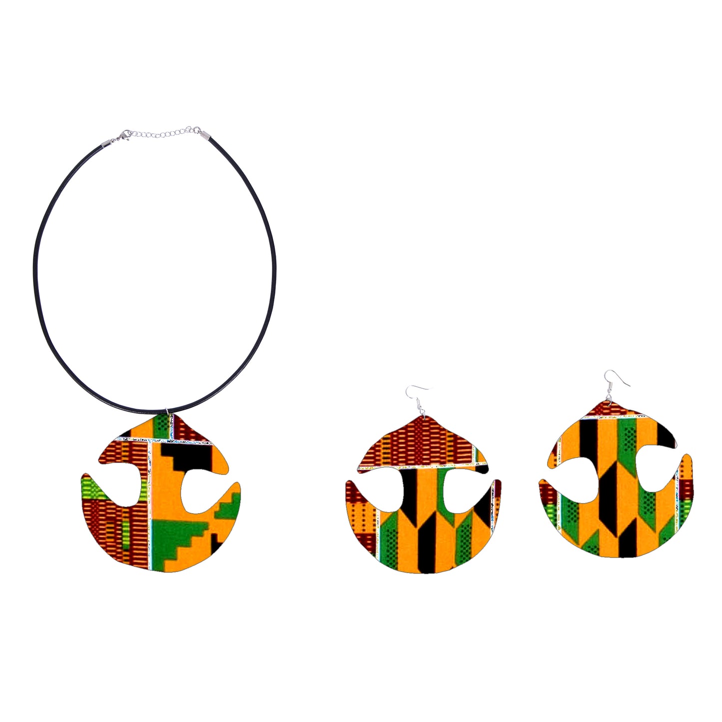 Women African Ethnic Print Cutout Pendant Necklace & Matching Drop Earring Jewelry Set Fashion Accessories