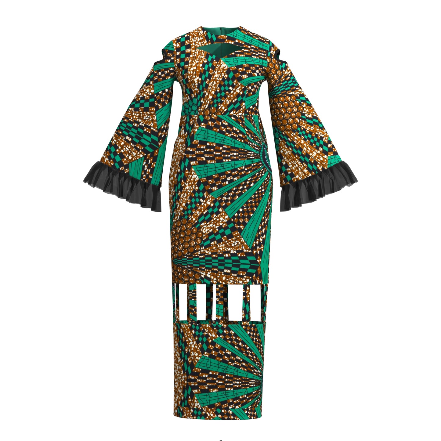 African Ankara Print Cutout Maxi Dress with Sheer Ruffle Cuffs