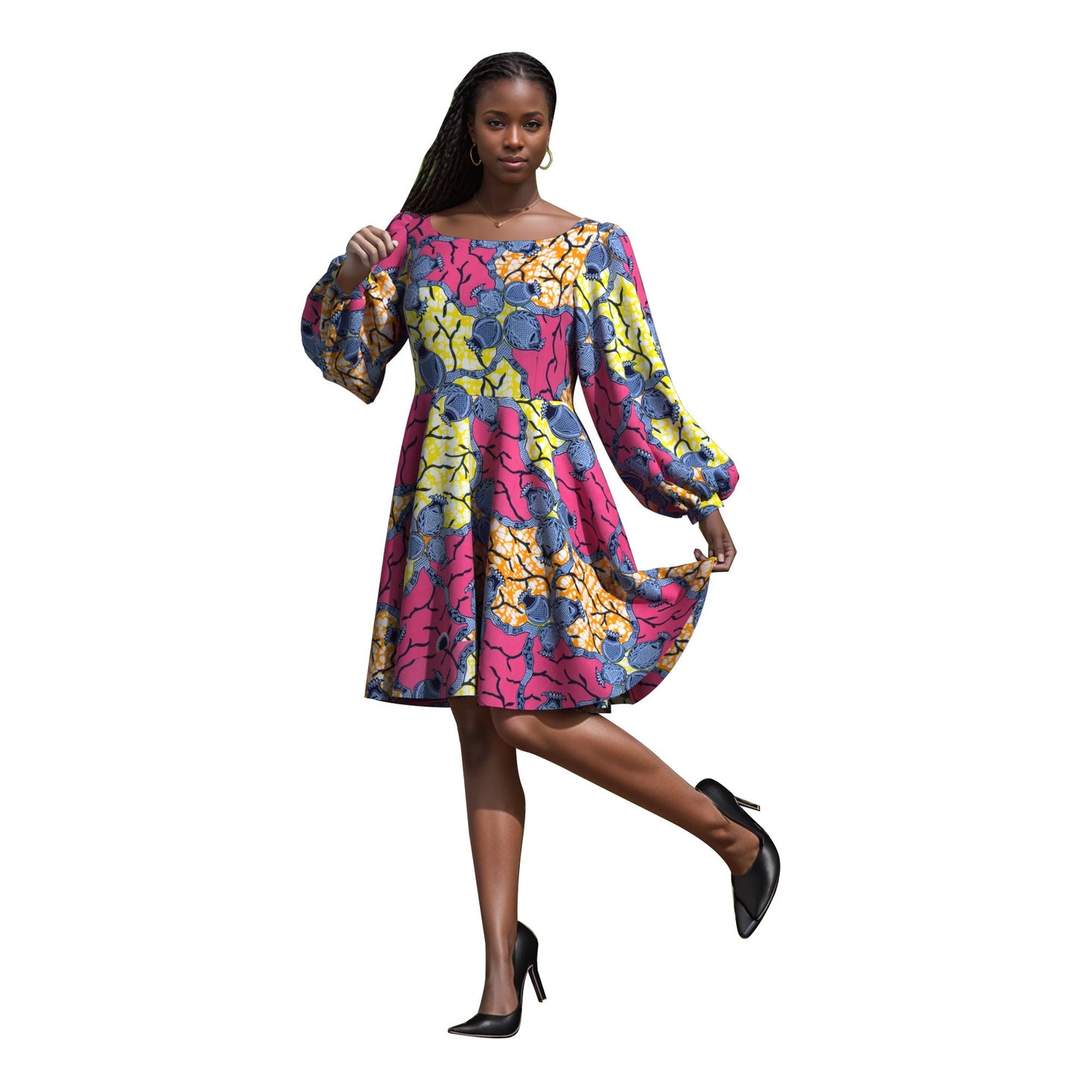 Off Shoulder African Print Puff Sleeve Flare Dress