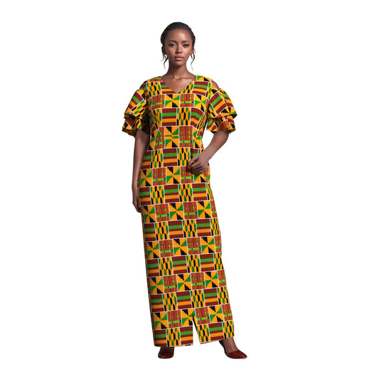 African Print Cold Shoulder Maxi Dress with Ruffle Sleeves