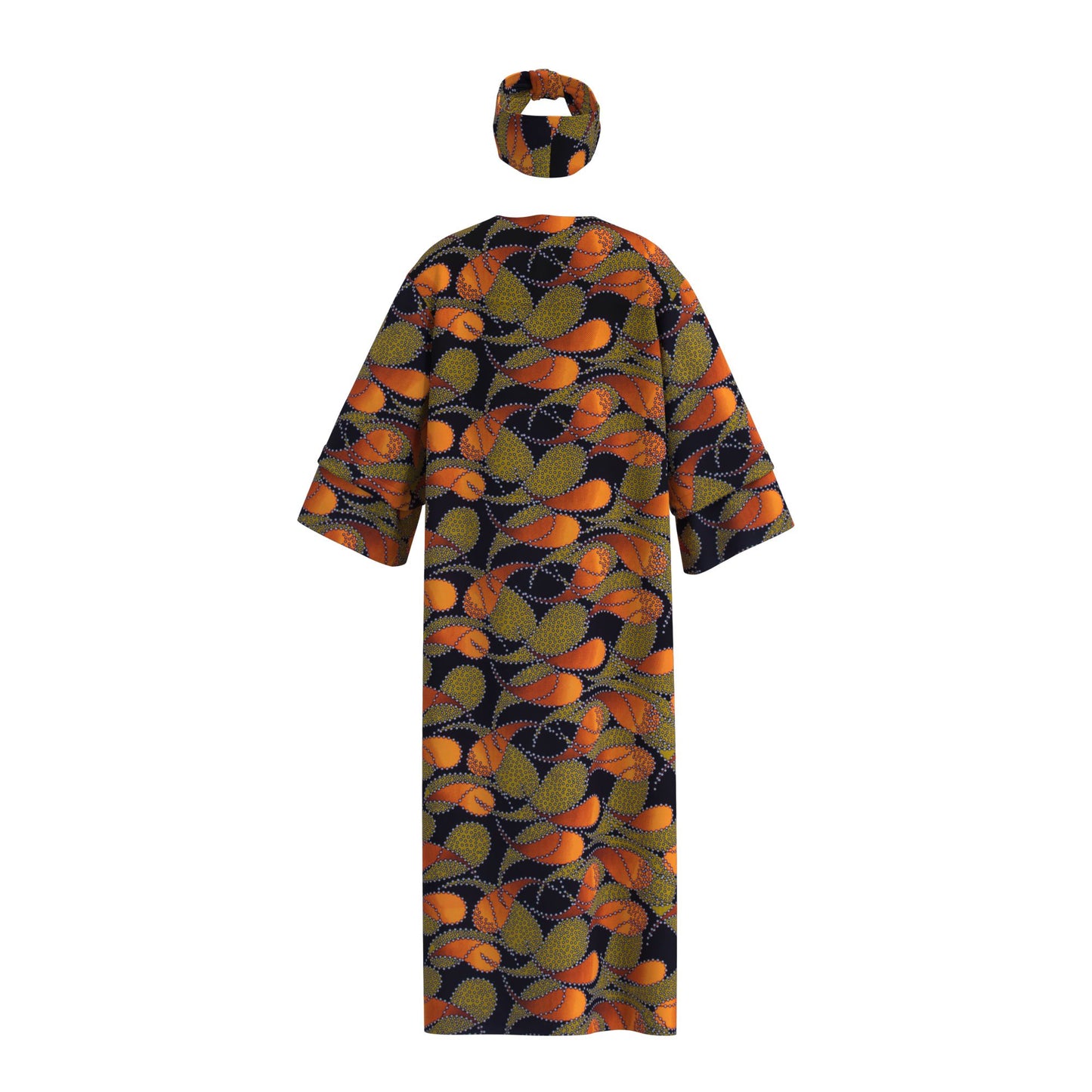 African Women All Over Cultural Print Loose Long Open Front Outerwear Matching Printed Head Wrap Set