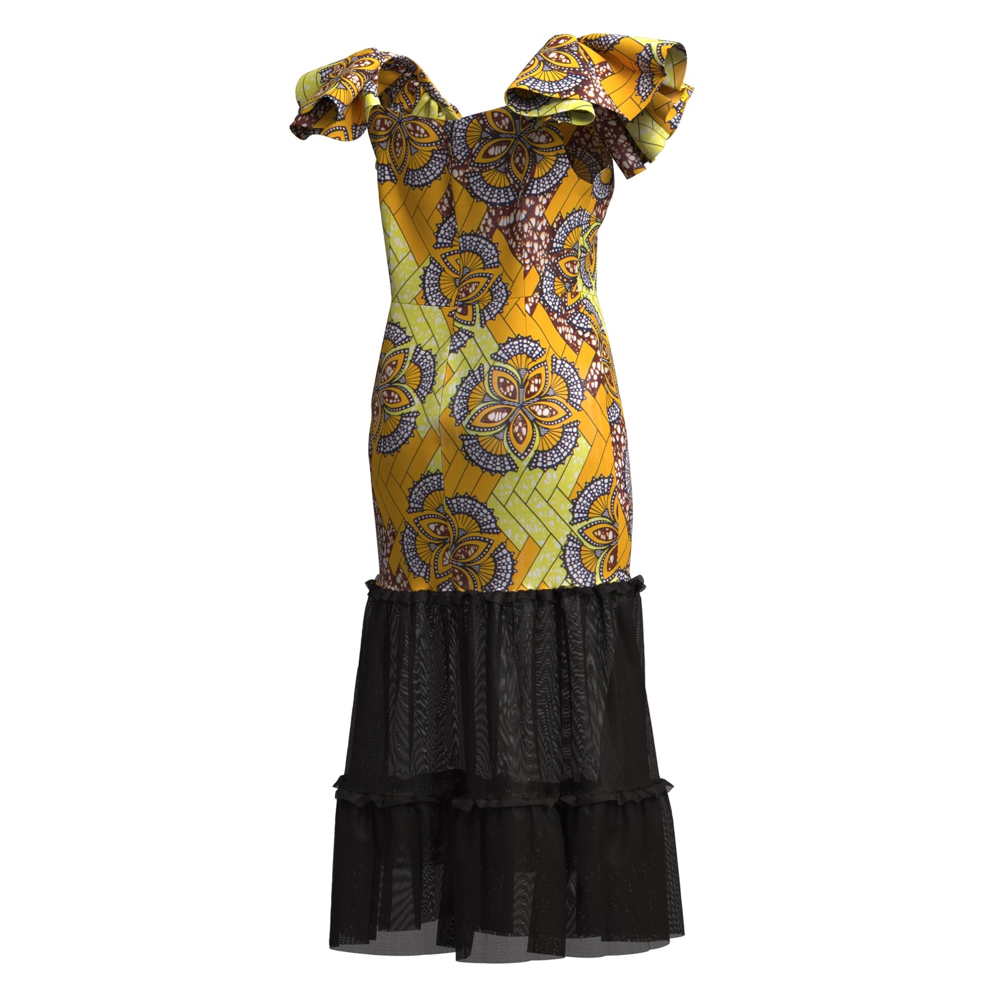 African Ankara Print Ruffle Sleeve Mermaid Dress with Sheer Mesh Hem