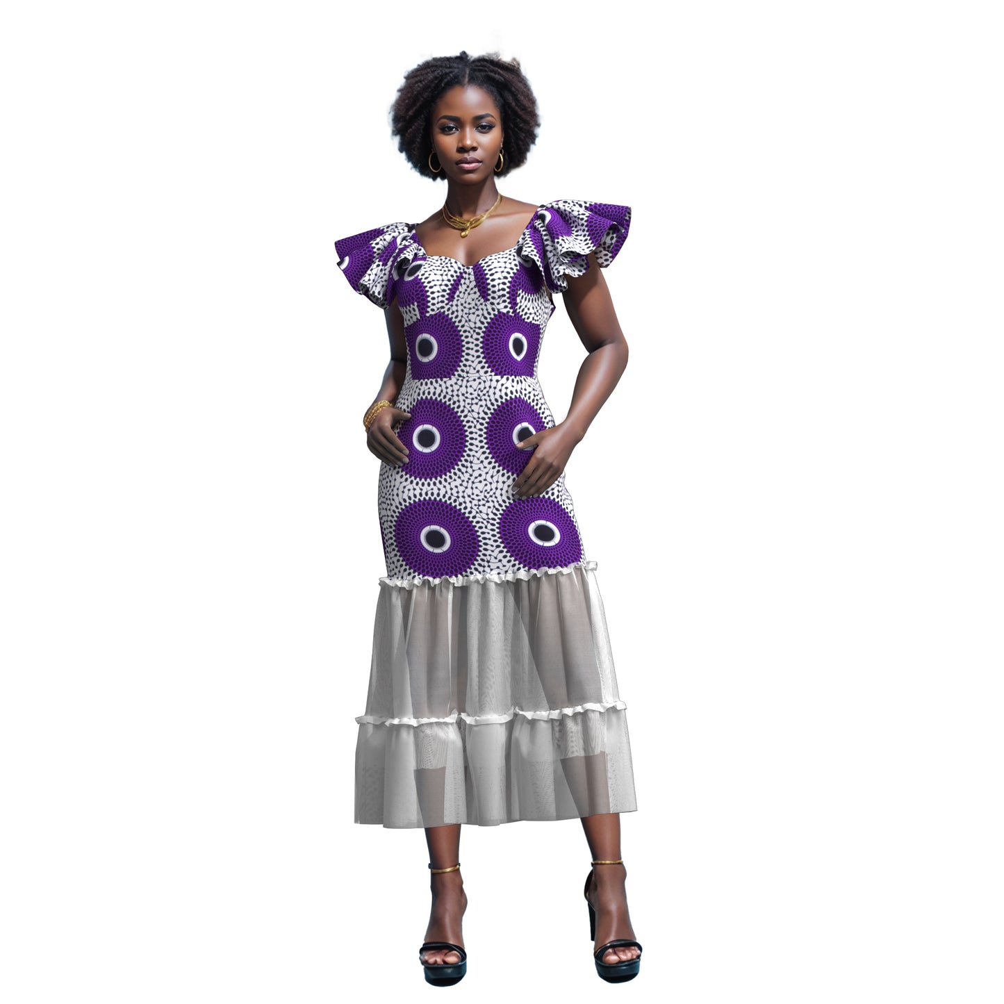 African Ankara Print Ruffle Sleeve Mermaid Dress with Sheer Mesh Hem