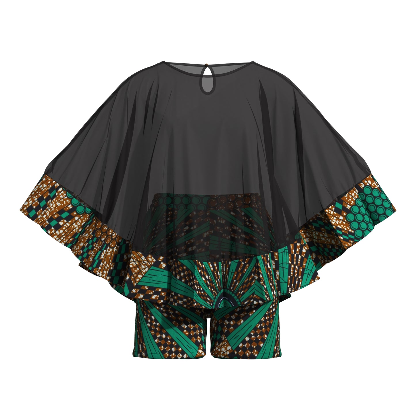 African Print Chiffon Cape Top & Shorts Two-Piece Set