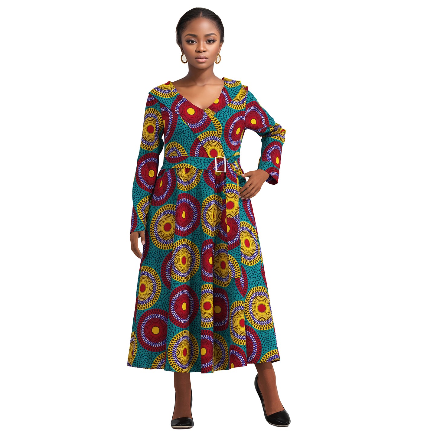 V-Neck Long Sleeve African Print Midi Dress with Tie Waist Belt