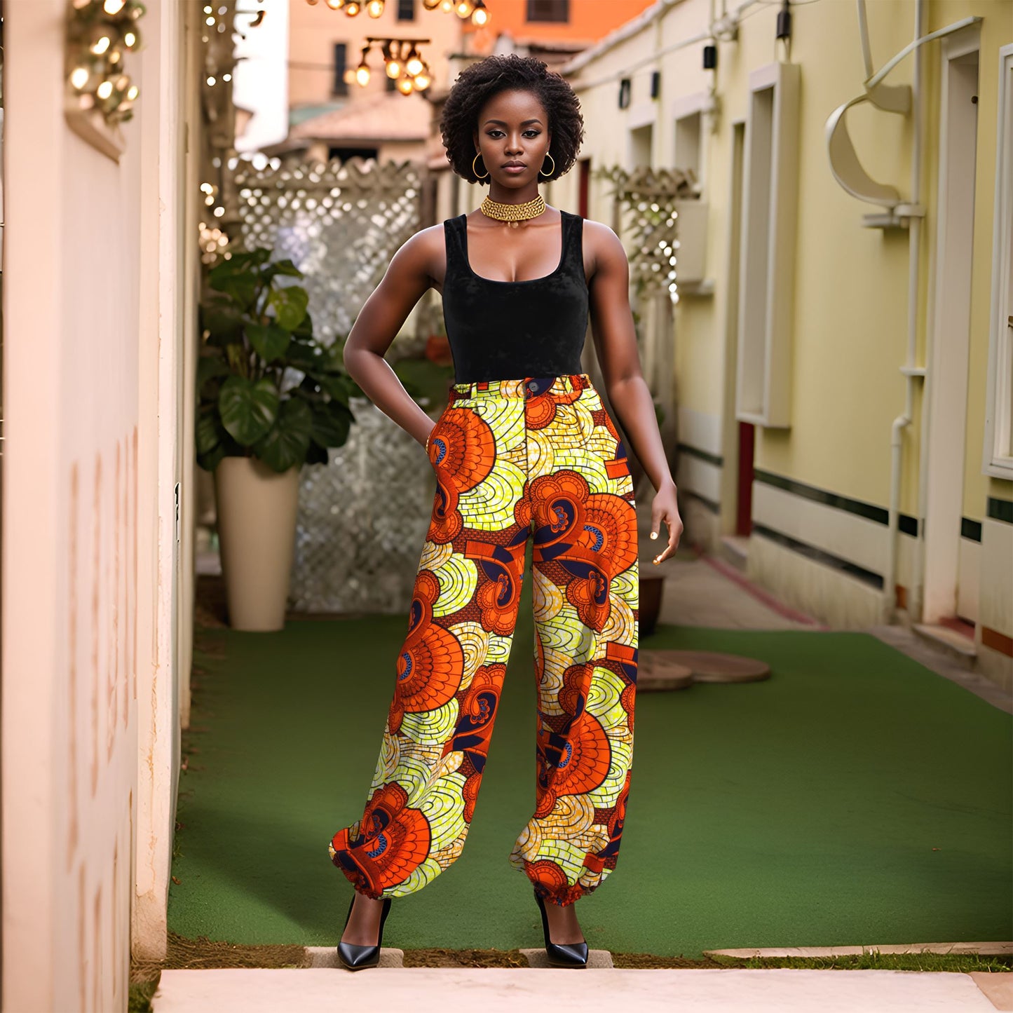 Authentic Kente Print High-Waist Jogger Pants – Vibrant African Wax Print Trousers for Afrocentric Fashion