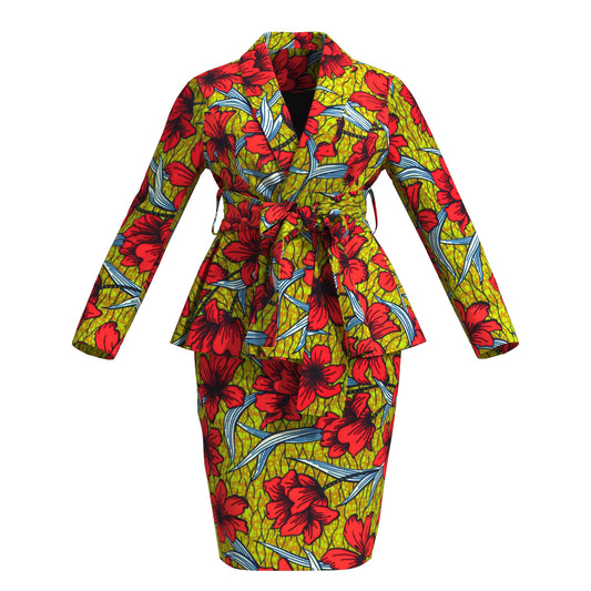 Women's African Floral Print Set Peplum Top & Skirt Suit with Belt Wedding Guest Outfit