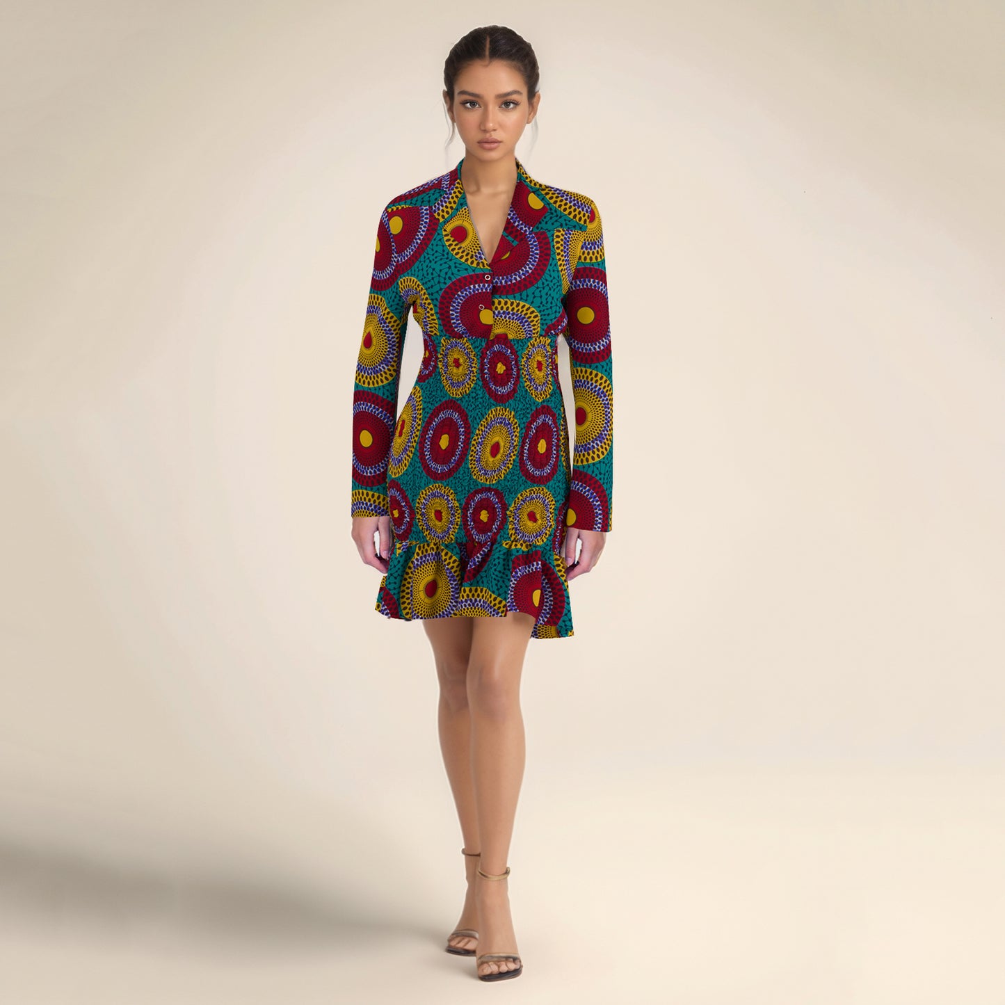African Print Long Sleeve Shirt Collar Smocked Waist Dress