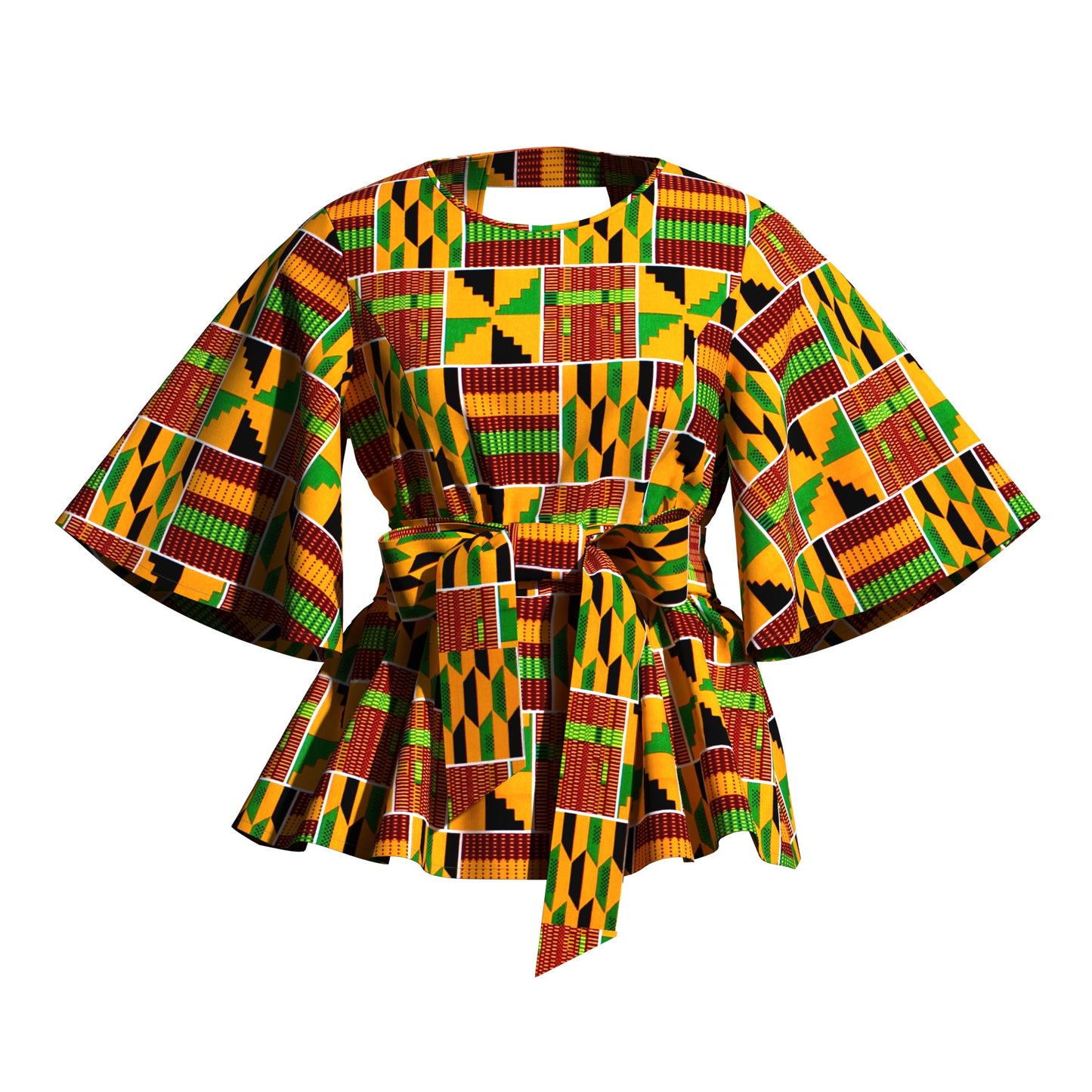 African Print Flare Sleeve Peplum Blouse with Waist Sash