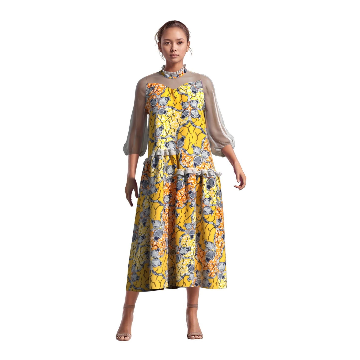 African Fabric Sheer Mesh Ruffle Collar Tiered Swing Midi Dress