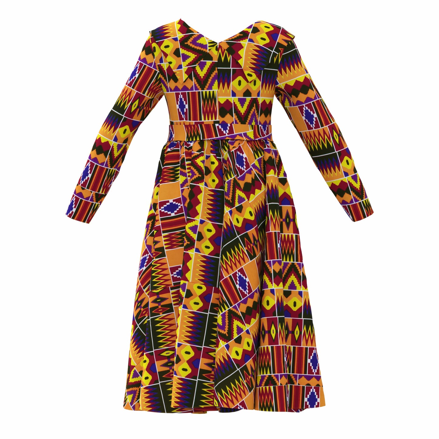 V-Neck Long Sleeve African Print Midi Dress with Tie Waist Belt