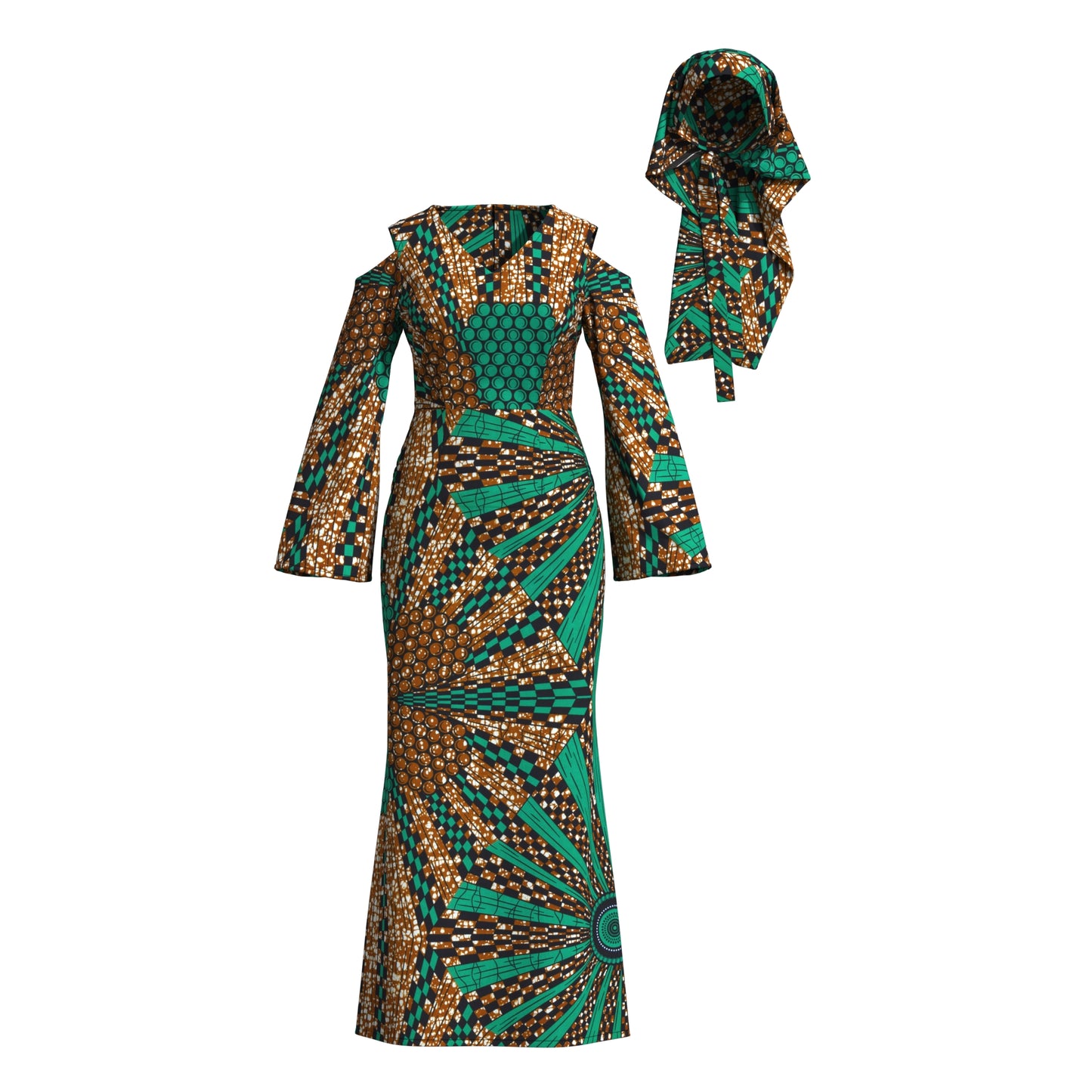 African Print High Waist Pleated Cold Shoulder Party Dress