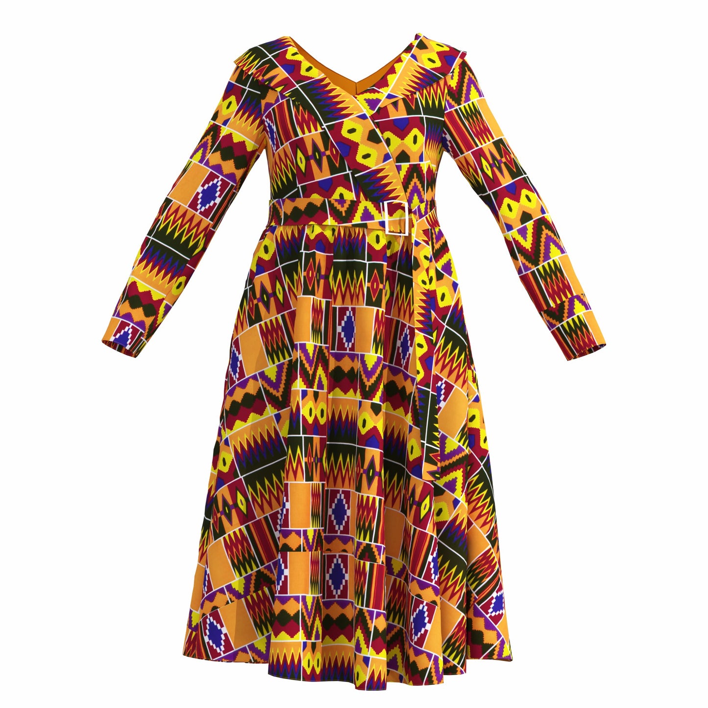 V-Neck Long Sleeve African Print Midi Dress with Tie Waist Belt