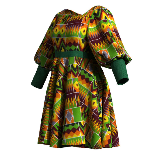 Printed Balloon Sleeve Fit-and-Flare Dress – Contrast Cuff & Waist Panel Dress
