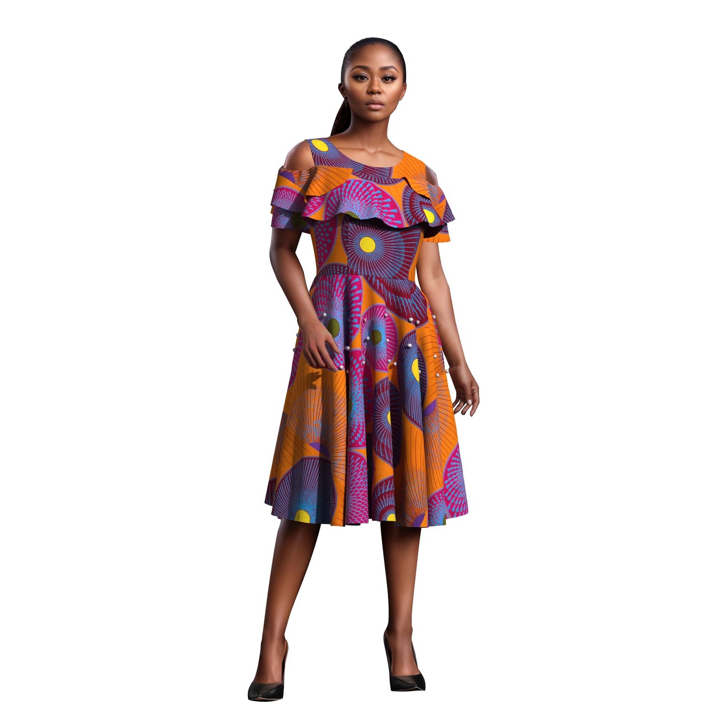 Traditional African Wax Print Cold-Shoulder Fit-and-Flare Dress