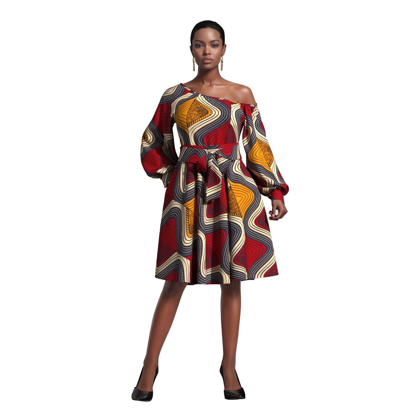 Classic African Wax Print Asymmetrical Dress, Paired with Same-Print Belt