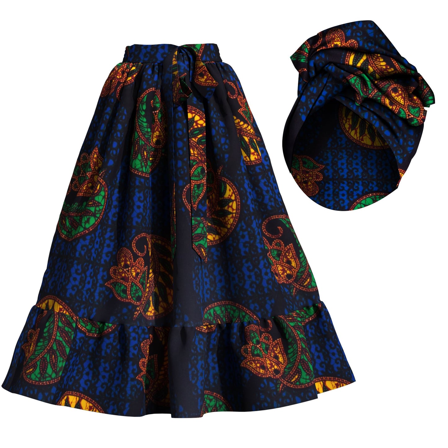 Traditional African Print Flowy Skirt with Coordinating Headwrap