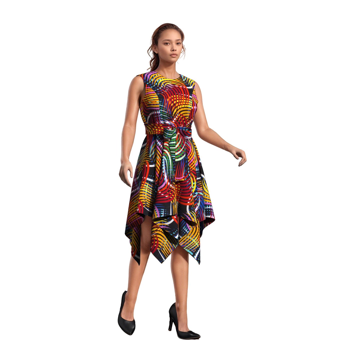 Sleeveless African Print Fit-and-Flare Dress with Asymmetrical Hem