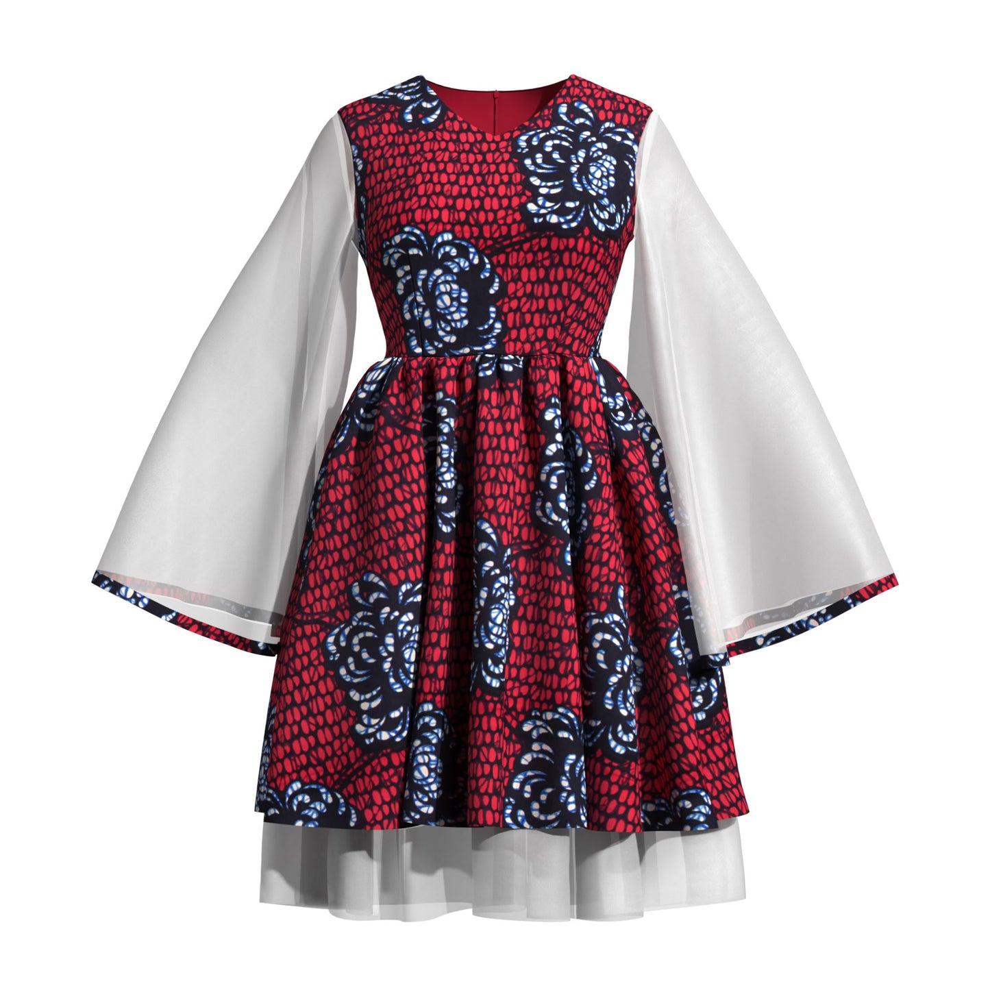 Ethnic African Floral Print Sheer Mesh Flare Sleeve Dress