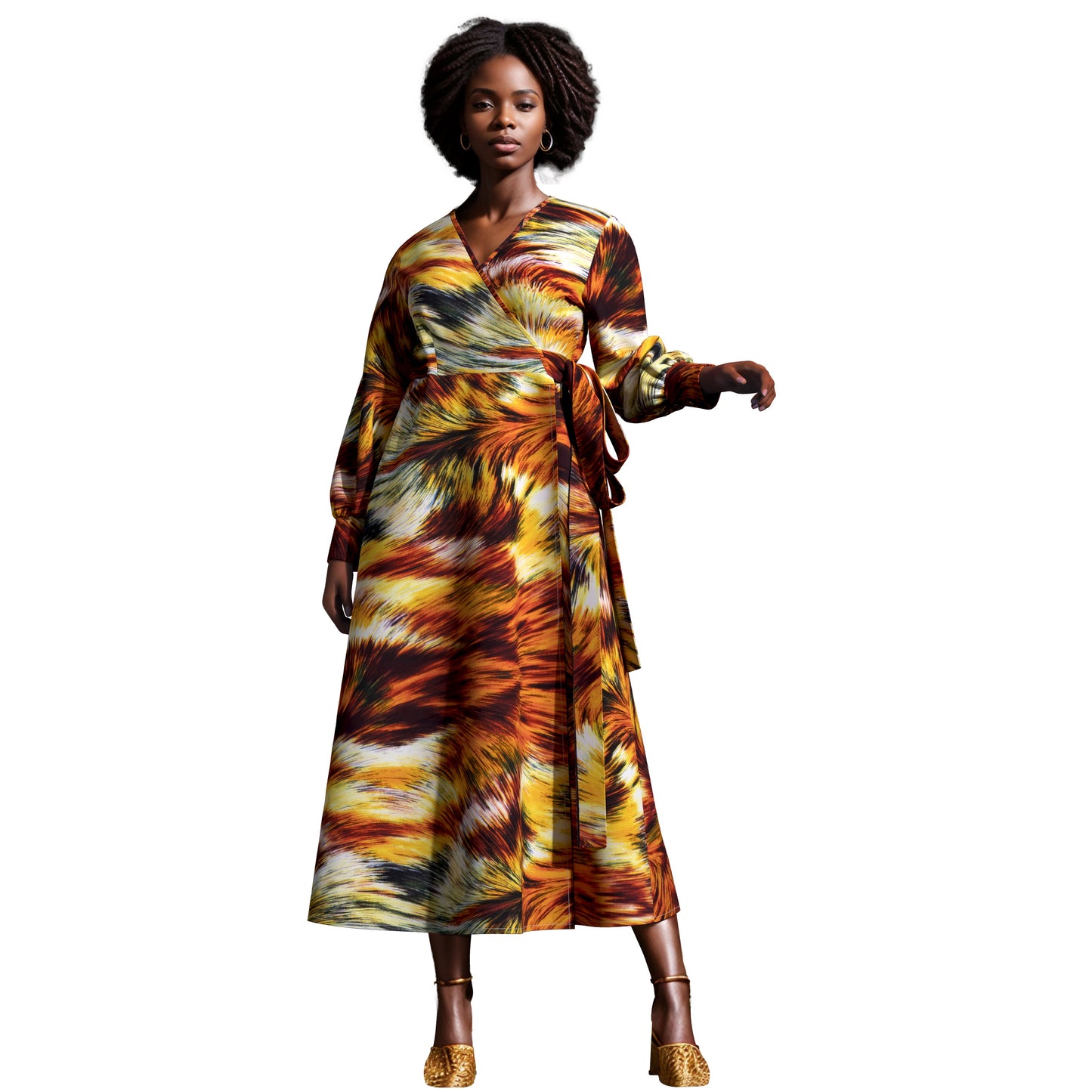 African Print Wrap Maxi Dress with Waist Tie