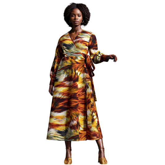 African Print Wrap Maxi Dress with Waist Tie
