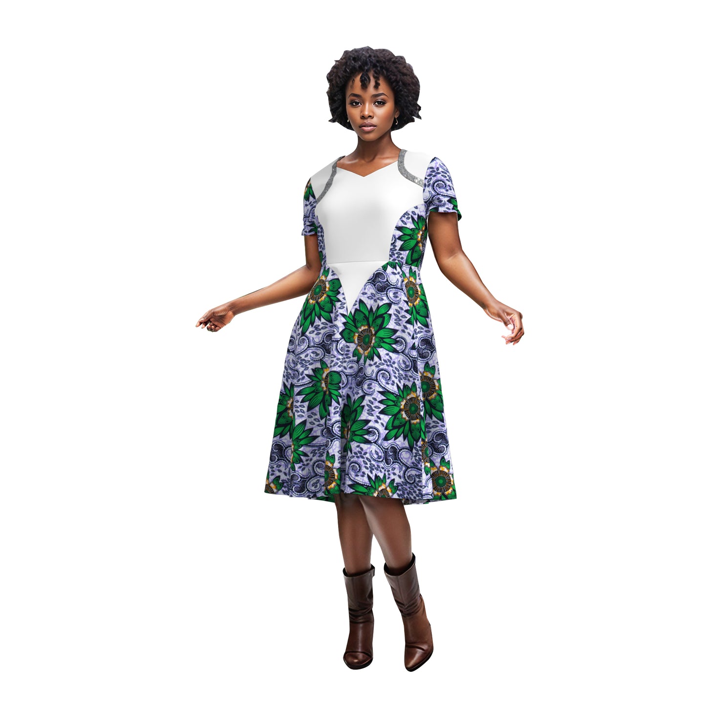 Women's African Ankara Print V-Neck Midi Dress | High-End Patchwork Party Dress