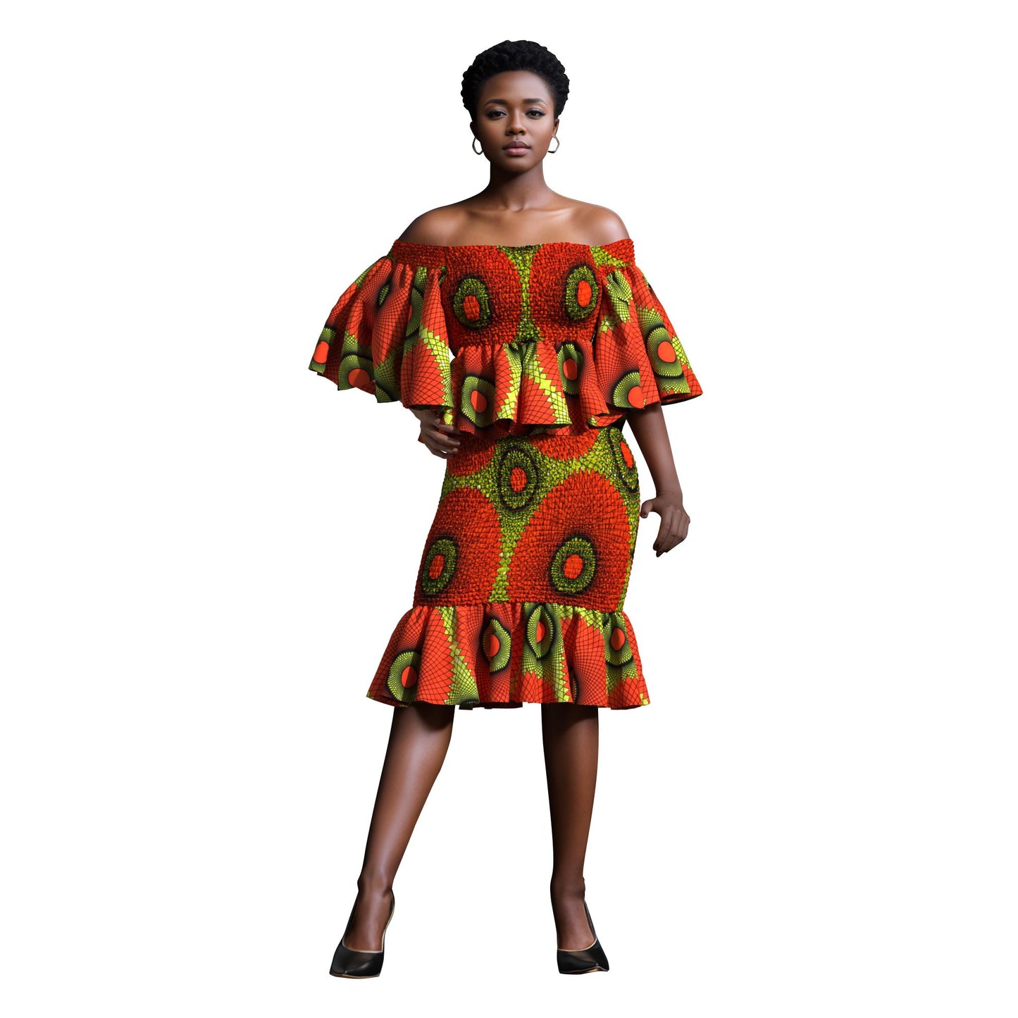 Smocked African Print Two-Piece Outfit with Flounce Sleeves