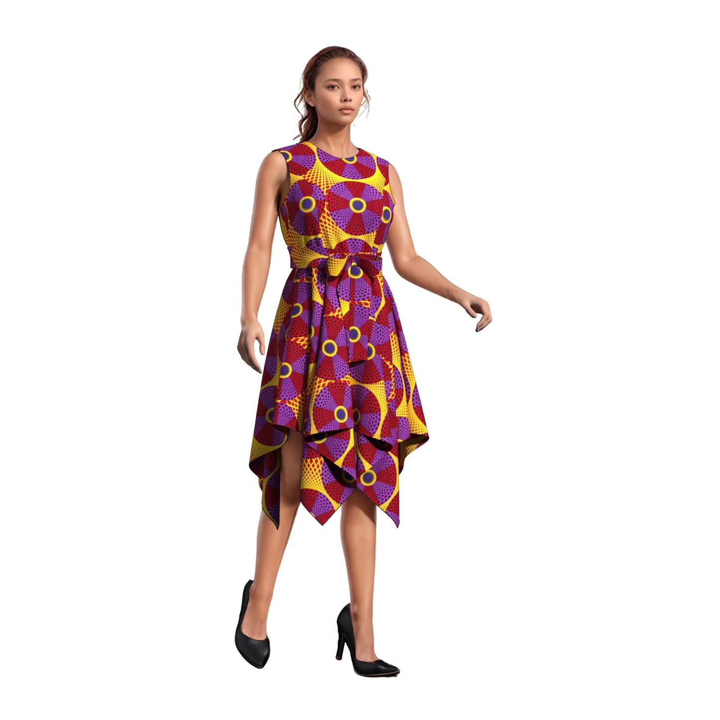 Sleeveless African Print Fit-and-Flare Dress with Asymmetrical Hem