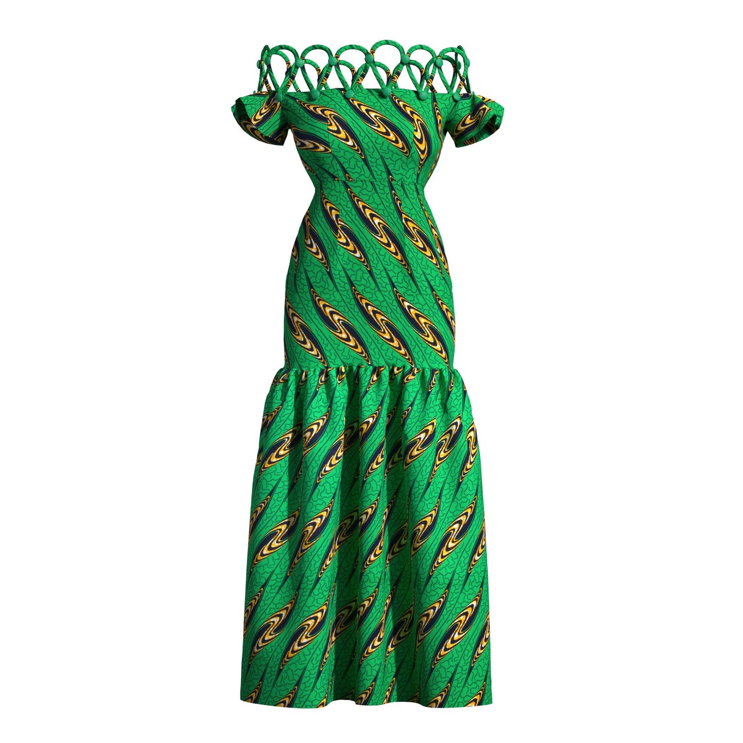 Women's African Print Off-Shoulder Maxi Dress | Rope Strap Detail | Ankara Ruffled Hem Gown