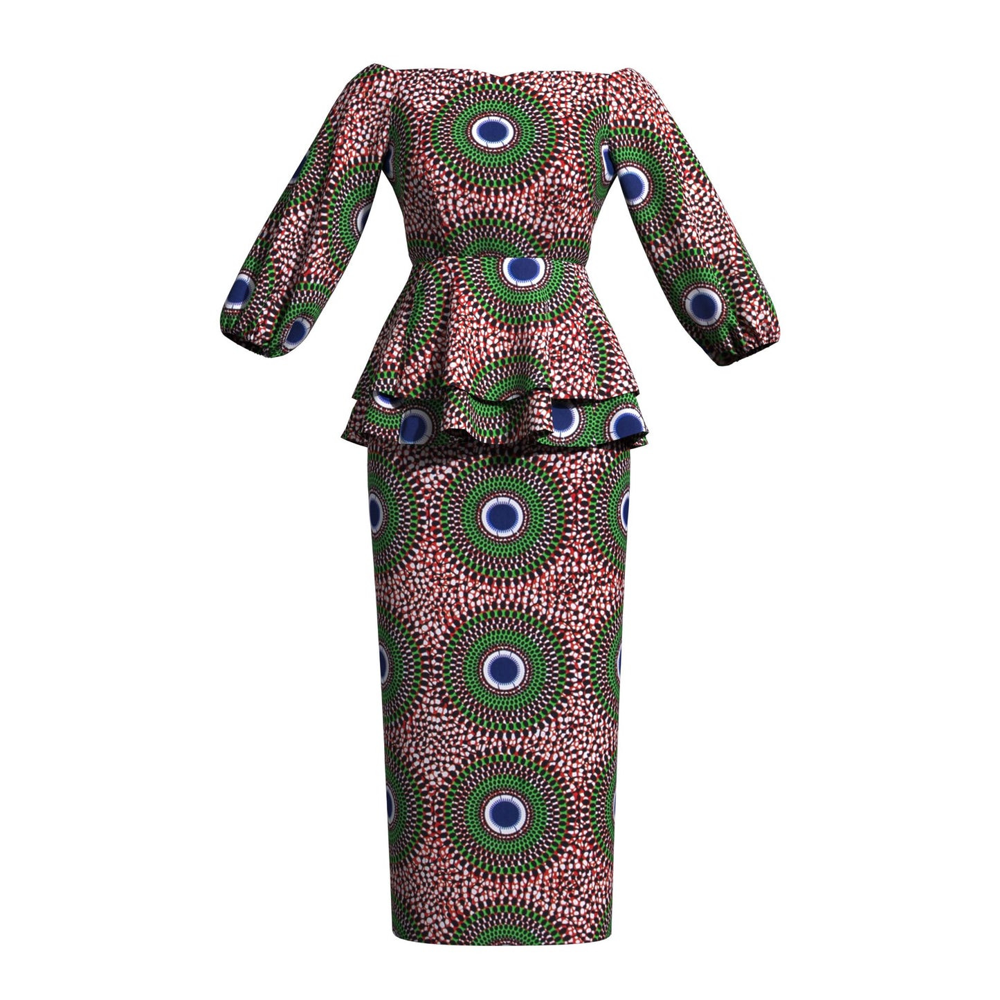 Ankara Print Elastic Cuff Peplum Top & Maxi Skirt Set