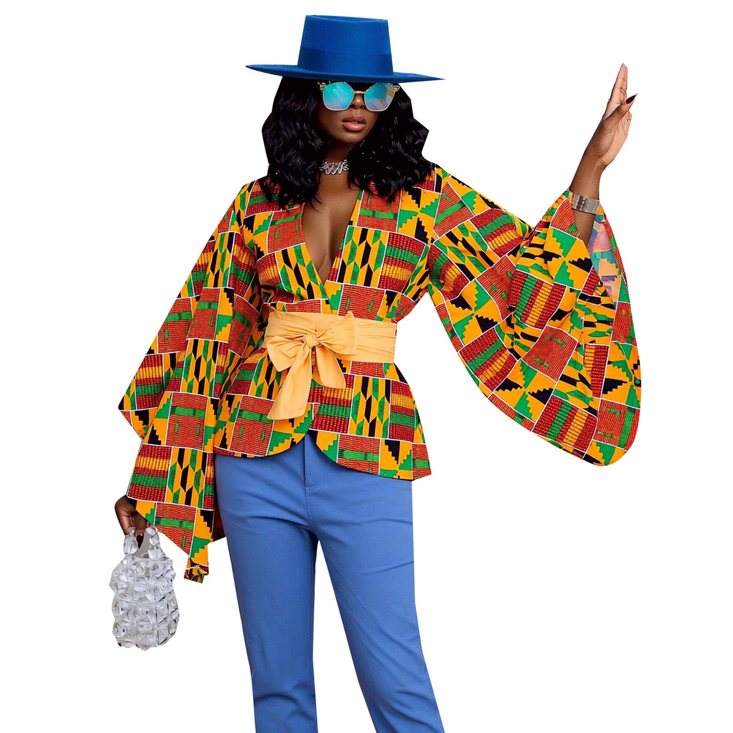 Women's African Ankara Peplum Top Bell Sleeve & Belted Waist Party & Evening Wear