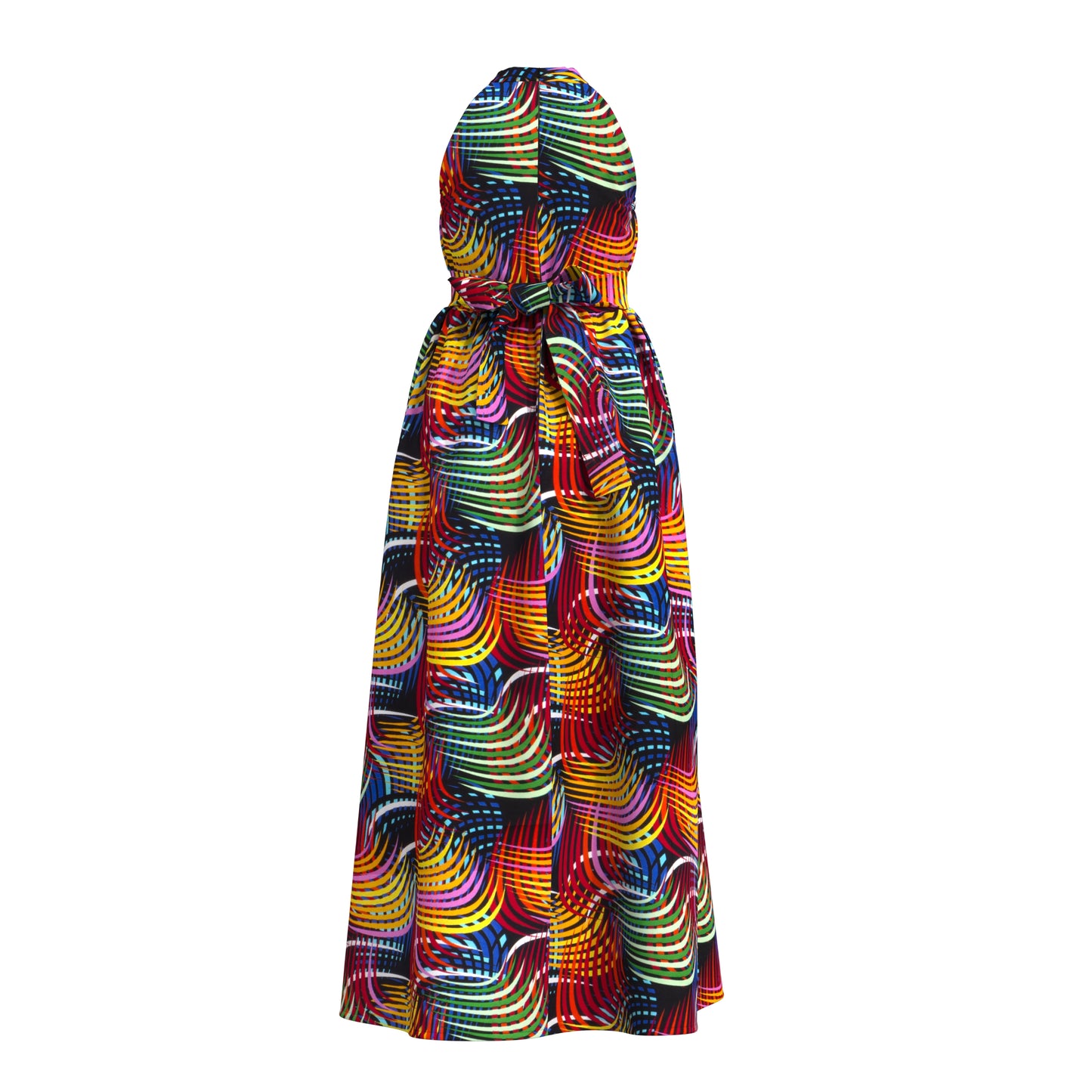 Ladies African Fabric Halter Maxi Dress With Back Bow & Side Split
