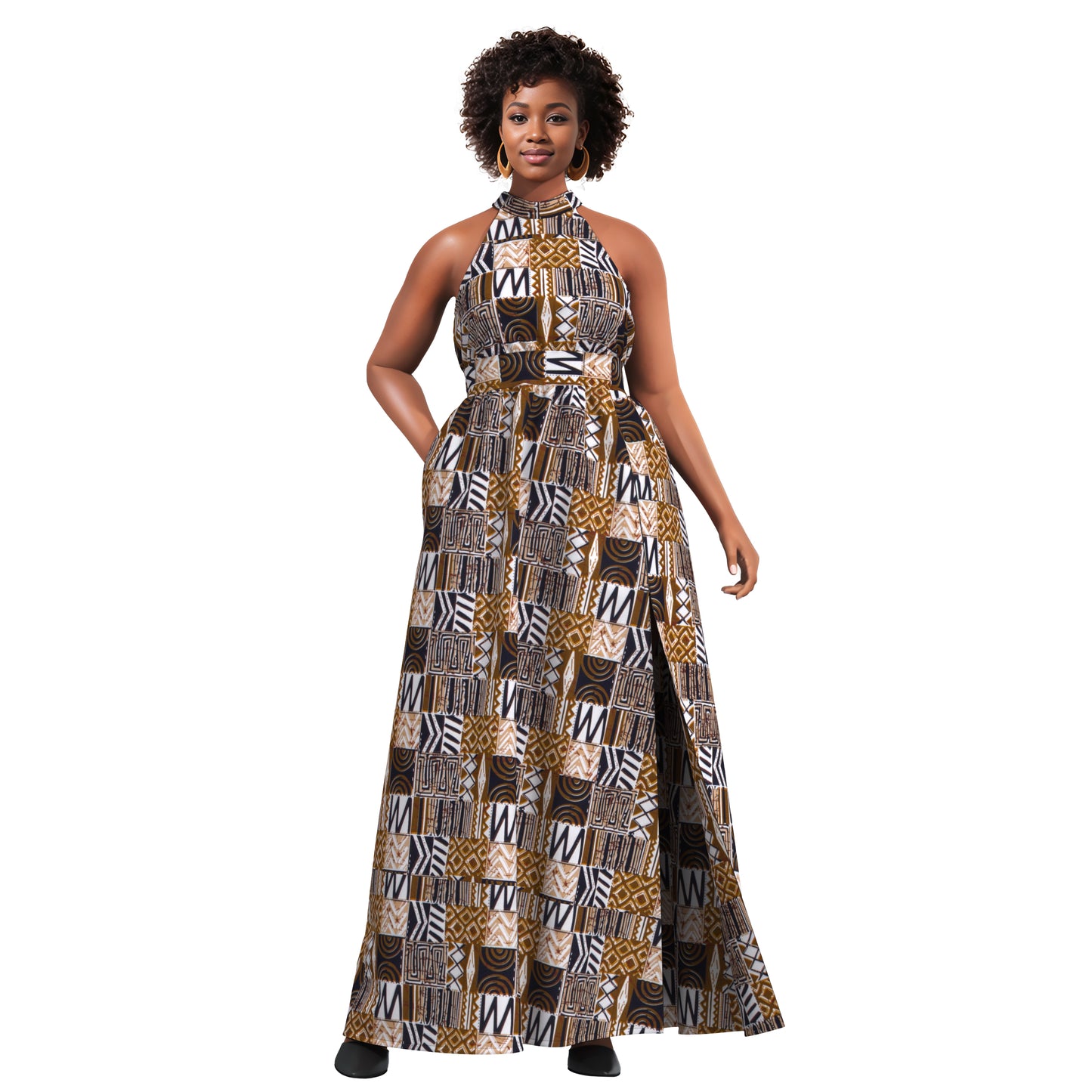 Ladies African Fabric Halter Maxi Dress With Back Bow & Side Split