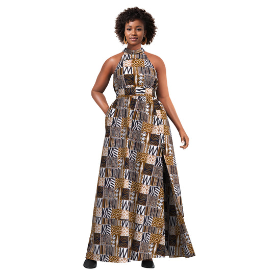 Ladies African Fabric Halter Maxi Dress With Back Bow & Side Split