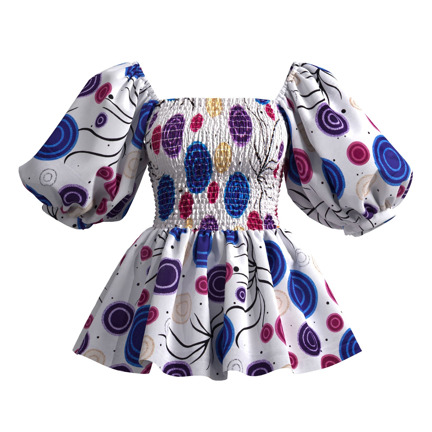 Tropical Wave African Print Puff Sleeve Peplum Blouse – Bold Colorful Ankara Top
